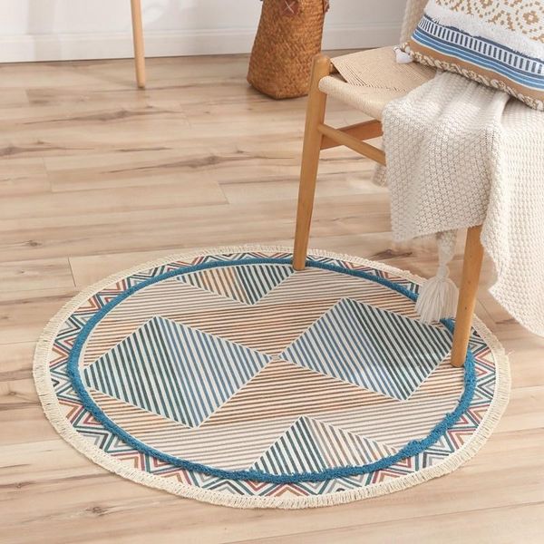 

carpets nordic cotton linen tassels rug yarn dyed round tapestry mat home living room bedroom decor carpet