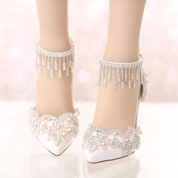 

dress shoes white pointed crystal wedding thin heel super high heels bridal rhinestone buckle tassel female red bottoom sandals, Black