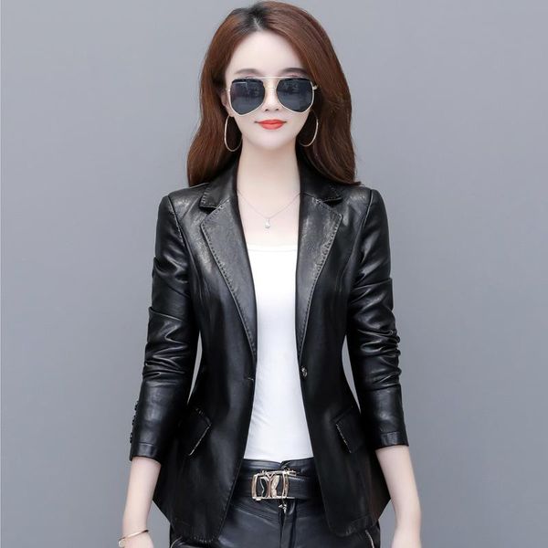 

women's leather & faux korean women slim lapel jacket female fashion solid jackets, Black