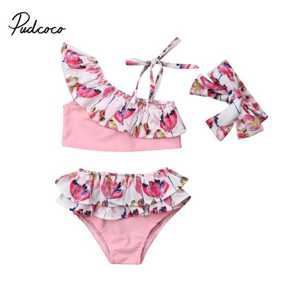 

summer kids baby girl flower prind pink one shoulder bikini set swimwear swimsuit bathing suit one-pieces, Black