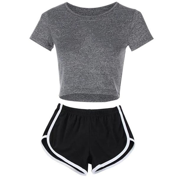 

women's tracksuits young lady hip hop summer 2 pieces sets crop + shorts pure color streetwear fashion clothing round collar skinny se, Gray