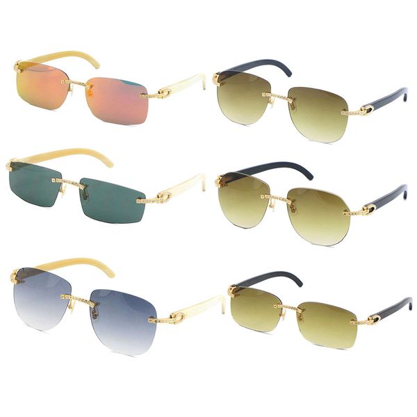 

men samll diamond glasses rimless white buffalo horn sunglasses samll diamond sun glasses c decoration gold frame size:53-18-140mm, White;black