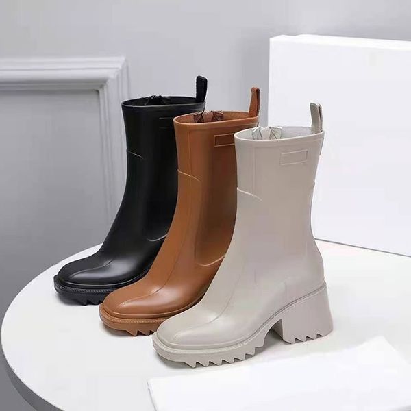 

2021 fashion latest female designer rubber rain boots block heel smooth square toe women's shoes size 35-40, Black