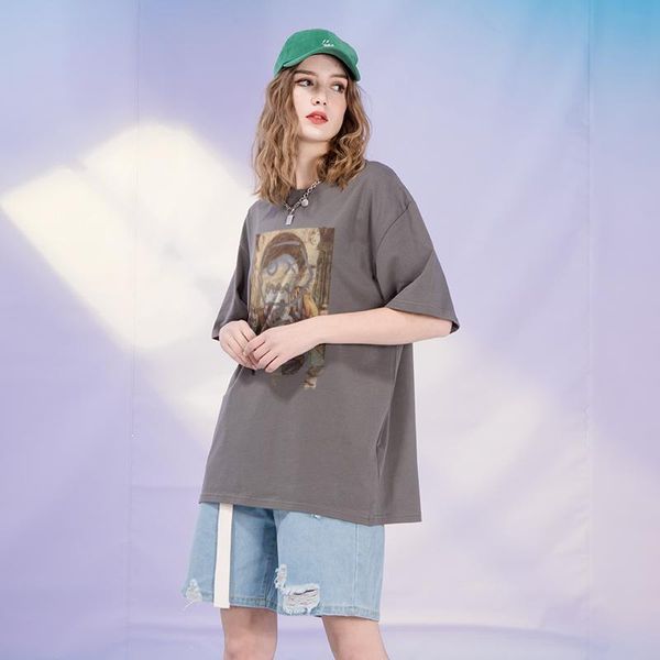 

women's t-shirt summer 2021 original oil painting women loose half-sleeved trendy short-sleeved, White