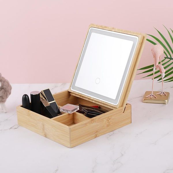 

mirrors natural wooden cosmetics organizer with led lights makeup mirror portable storage box case vintage lighted