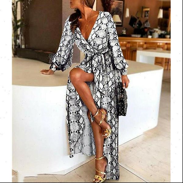 

fashion snake skin print women sleepwear v neck long sleeve casual maxi dresses ladies summer party loose dress, Black;red