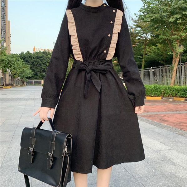 

casual dresses female sweet a-line dress girls vintage vestidos teen kawaii preppy style party solid vestido clothes for women, Black;gray