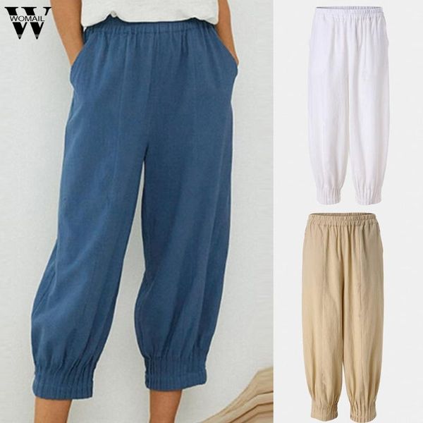 

women's pants & capris womail women harem summer casual cotton linen wide leg solid high waist loose elastic trousers, Black;white