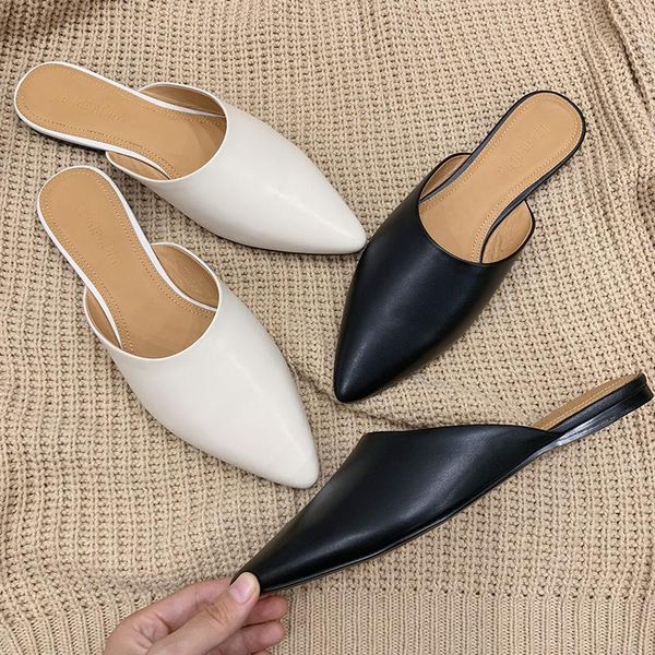 

fashion baotou half slippers women pointed flat mule wear, Black
