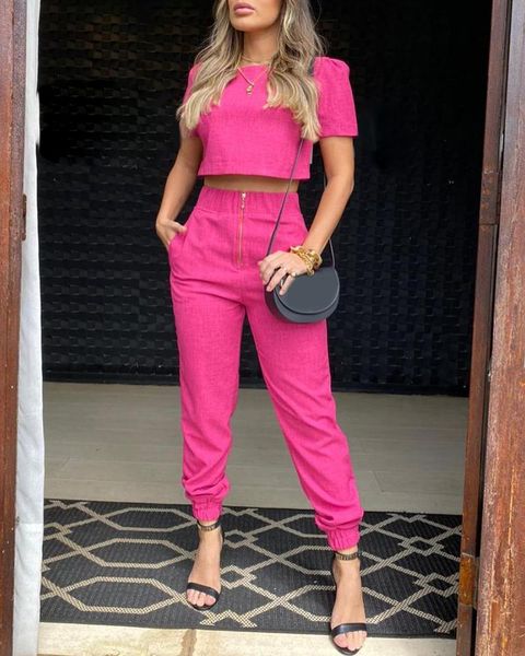 

women's two piece pants suit women short sleeve crop & zip front pocket design set summer two-piece, White