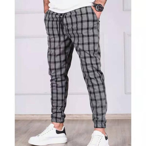

men's pants fashion 2021 plaid mens skinny pencil slim mid waist drawstring trouser men loose casual jogger long, Black