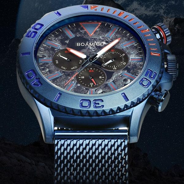 

wristwatches boamigo men watches fashion sport business quartz watch date week stainless steel mesh male clock, Slivery;brown
