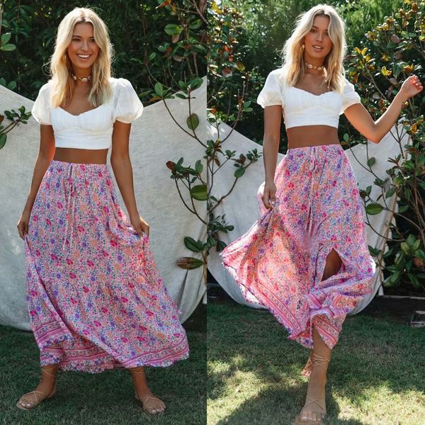 

2021 summer women floral printed vintage skirt elastic high waist beach skirts casual ladies boho skirtsby air, Black;white