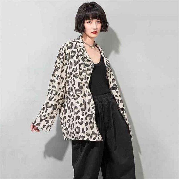 Mode Chic Leopard Muster Frau Blazer Kerb Kragen Langarm Lose Jacken Frühling Sommer Große Größe Mantel 210519