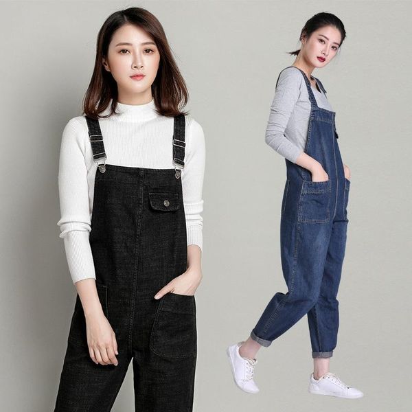 

women's jeans qmgood 5xl plus size high waist woman overalls 2021 autumn jumpsuits female korean fashion with shoulders straps, Blue