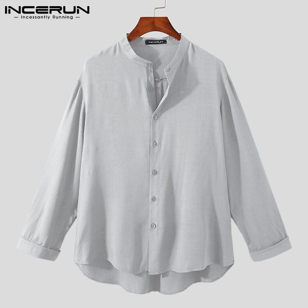 

men's casual shirts incerun men shirt solid color stand collar cotton streetwear long sleeve 2021 harajuku button camisa masculina s-5, White;black