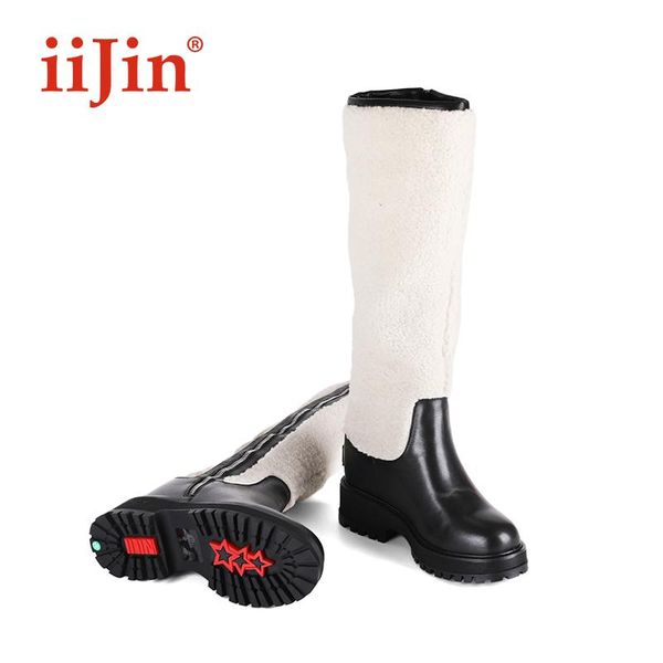 

boots 2021 winter cowhide plush inner increase long barrel knight women female shoes botas de tacon para mujer donne stivali, Black