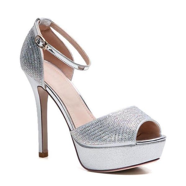 

12cm sandal flat buckle fish head super high heel rhinestone waterproof platform genuine leather shoes for women customize heels sandals, Black