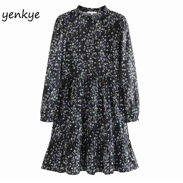 

vintage floral print dress women long sleeve stand collar casual pleated spring vestidos xnwm9364 210514, Black;gray
