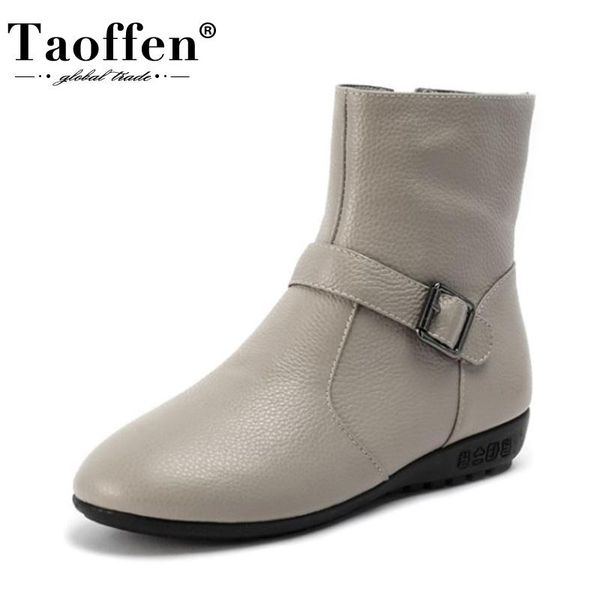 

boots taoffen size 33-44 women ankle real leather round toe short fashion autumn winter shoes footwear, Black