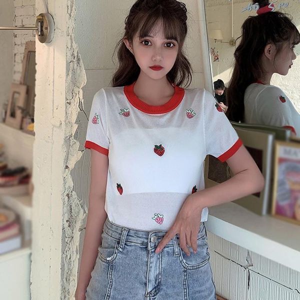 

women's sweet college style casual strawberry embroidery round neck short sleeve colorblock slim pullover knitted n sweaters, White;black
