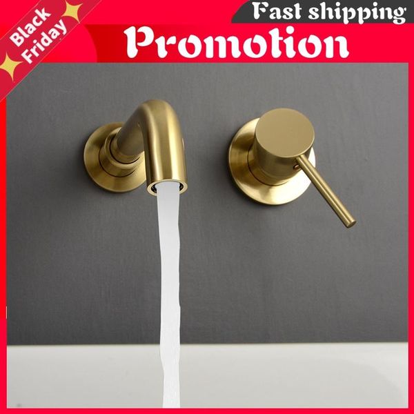 

minimalism bathroom faucet single handle wall mounted black & brushed gold water mixer tap 360 degree rotatable sink faucets