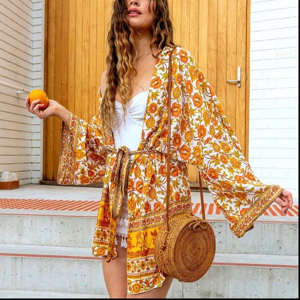 

boho swim cover up womens shirt cardigan yellow floral print kimono sleeve summer blouses beach blusa robe, White