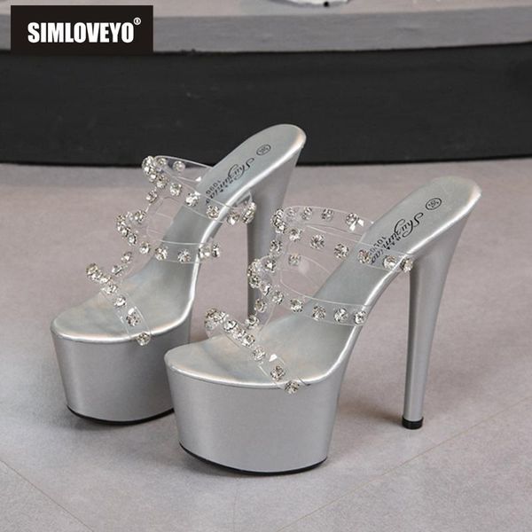 

sandals simloveyo women heels 20cm 2021 crystal slipper transparent flower cool mules big yards nigh club wedding party, Black