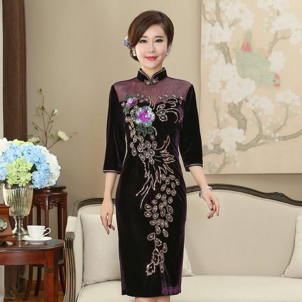 

chinese velvet dress women's knee length cheongsam purple size  to 4xl ethnic clothing, Red