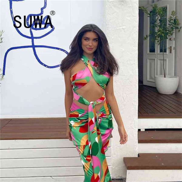 

print matching sets tie up crop stretch drawstring ruched two piece skirt set casual party club outfits for women clothing 210525, White