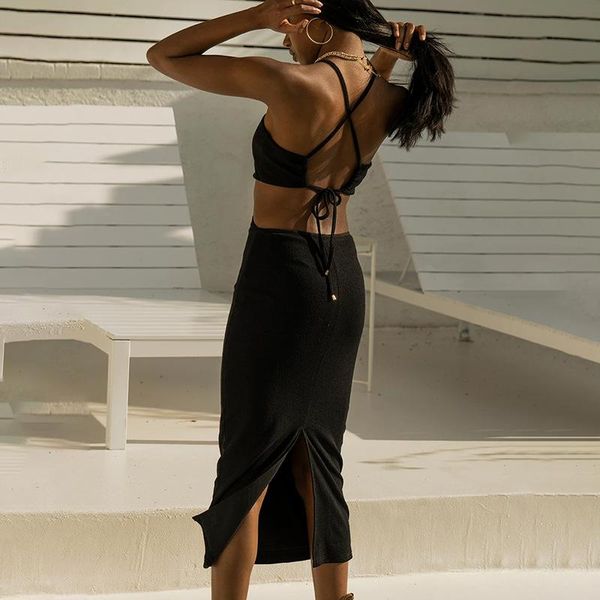 

casual dresses hollow out bodycon slit dress women backless sleeveless 2021 summer party halter neck fashion midi white black, Black;gray