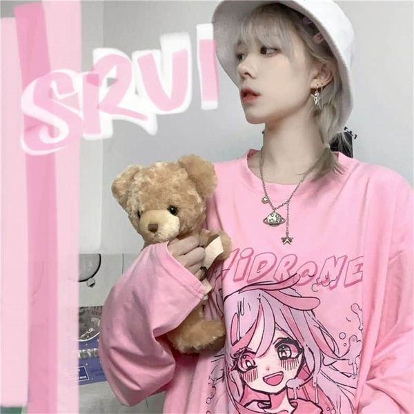

t-shirt long sleeve female soft girl japanese ins cute anime girl print autumn new loose t-shirt student streetwear 210324, White