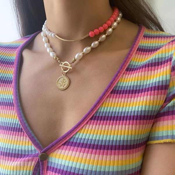 

pendant necklaces huanzhi 2021 irregular alien pearl double layer stacking asymmetry metal necklace for women party jewelry gifts, Silver