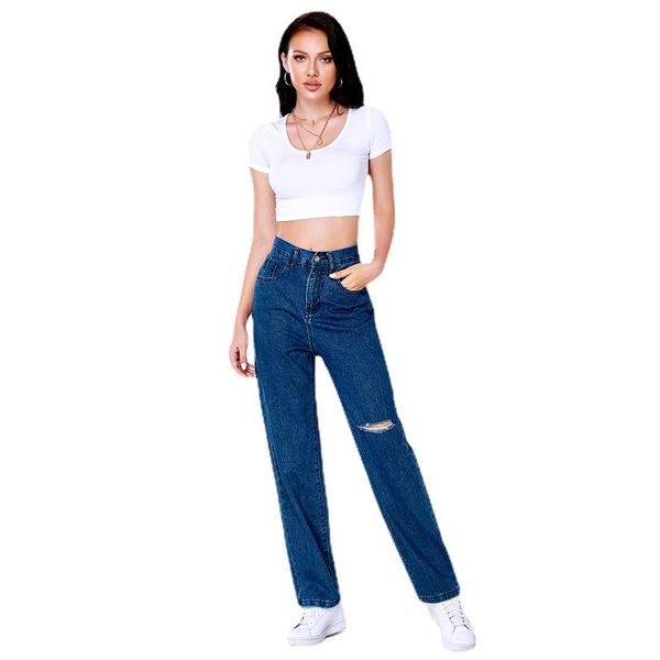 

women's jeans 2021 blue pierced straight tube fashion street style casual pants