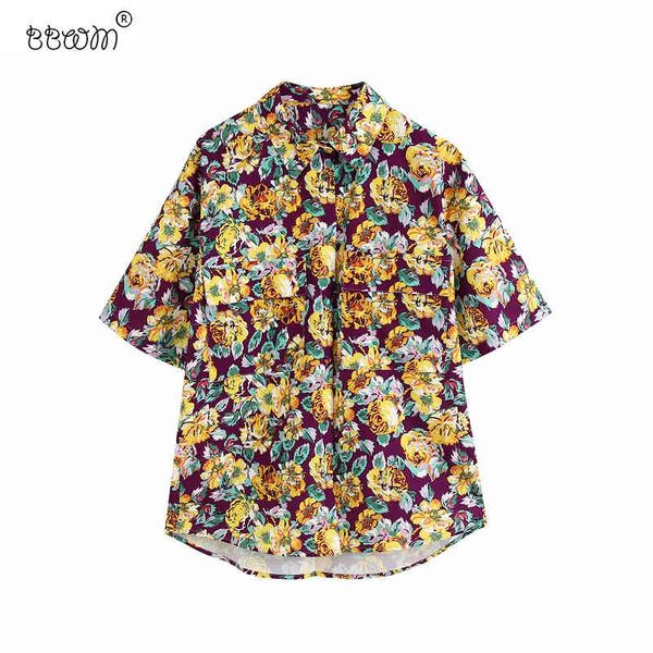 

women vintage floral printed pockets buttons blouses fashion female lapel collar short sleeve shirts chic blusas 210520, White