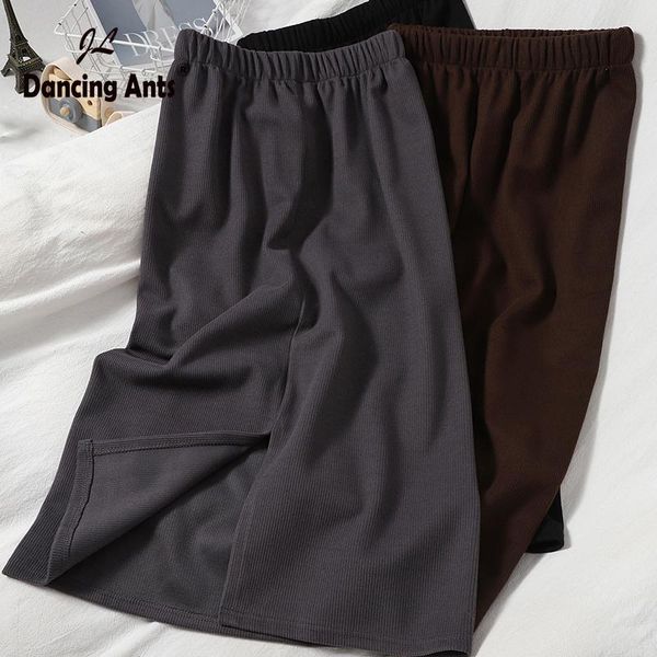 

korean women skirts a-line high elastic waist solid slim mid-calf side slit casual fashion woman autumn wrap skirt, Black