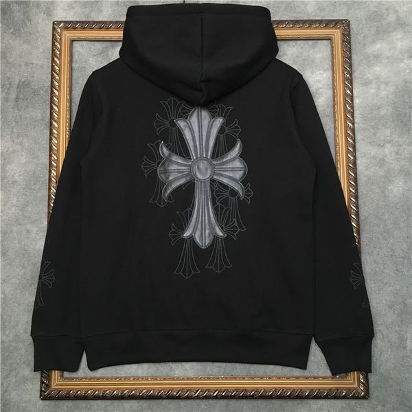 

qiudongchao brand 2020 new hoodie three dimensional embroidery pu leather cross plush hooded sweater men's and, Black