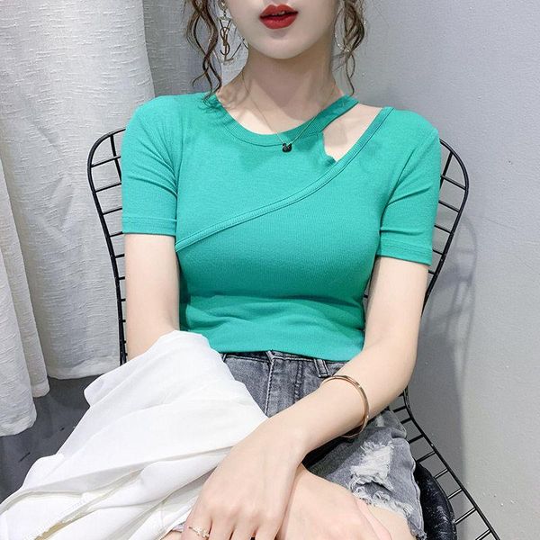 

women's t-shirt easycore lake green cotton slim women hollow-out collarbone summer clothes, White