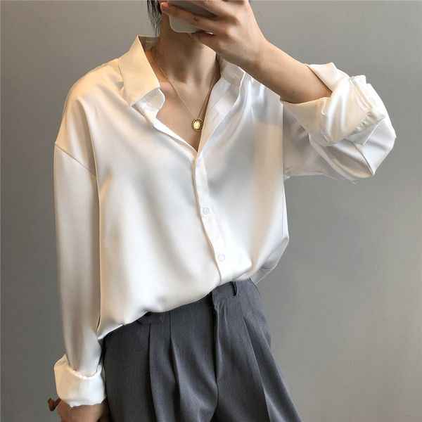 

women satin blouse 2021 summer women satin blouses shirt office long sleeves female loose street shirts 0726, White