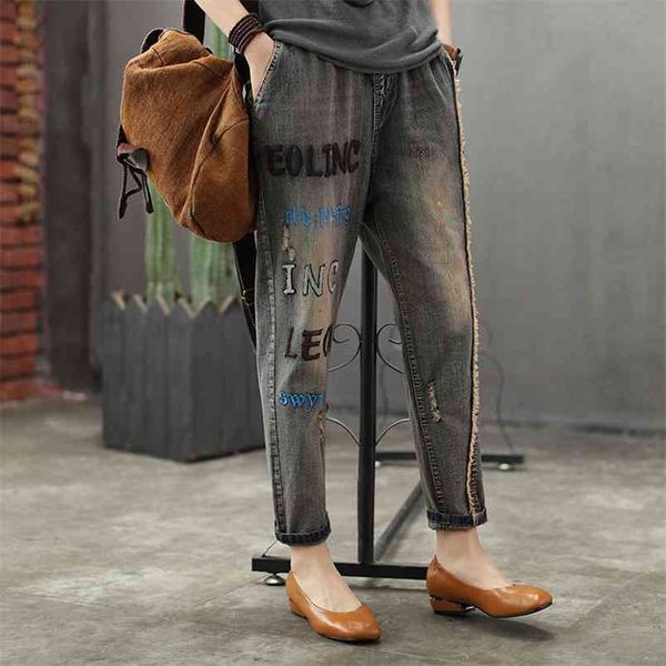 Chegada Primavera moda mulheres jeans elástico cintura solta denim harem calças senhoras rasgado vintage bordado letra D108 210512