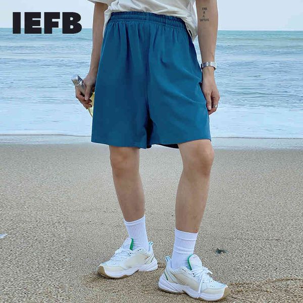 IEFB verão solta elástica cintura pavão azul shorts homens coreanos soltos casuais perna larga cintura alta joelho calças 9y7409 210524