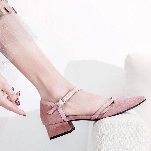 

dress shoes suede patchwork pu hollow-out gentle women sandals buckle closed toe chunky high heels sandalias pointed d'orsay woman, Black