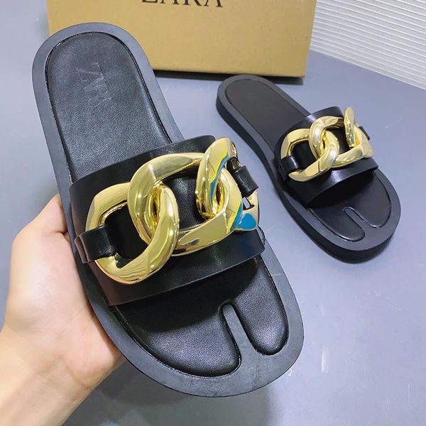 

slippers 2021 ladies and sandals black metal chain decorated flat ra split toe women slides