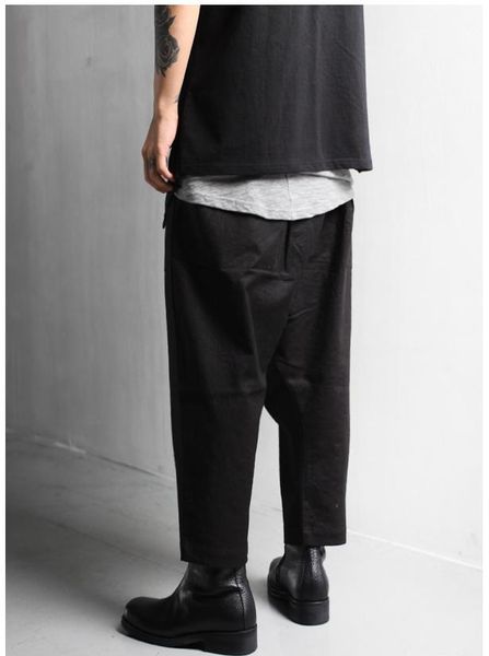 

men's pants trousers trend versatile casual linen apron bag loose baggy slim elastic waist, Black