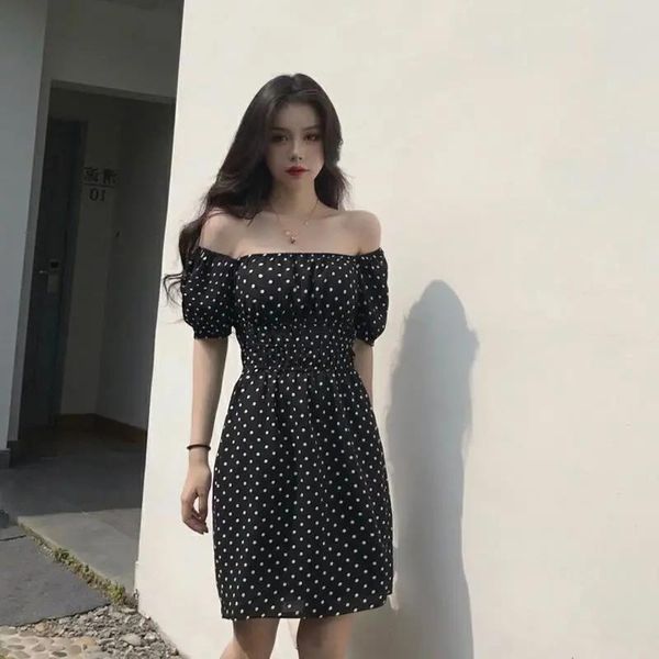 

casual dresses summer off shoulder beach dress puff sleeve dots elegant a-line women club vacation prom outfits, Black;gray