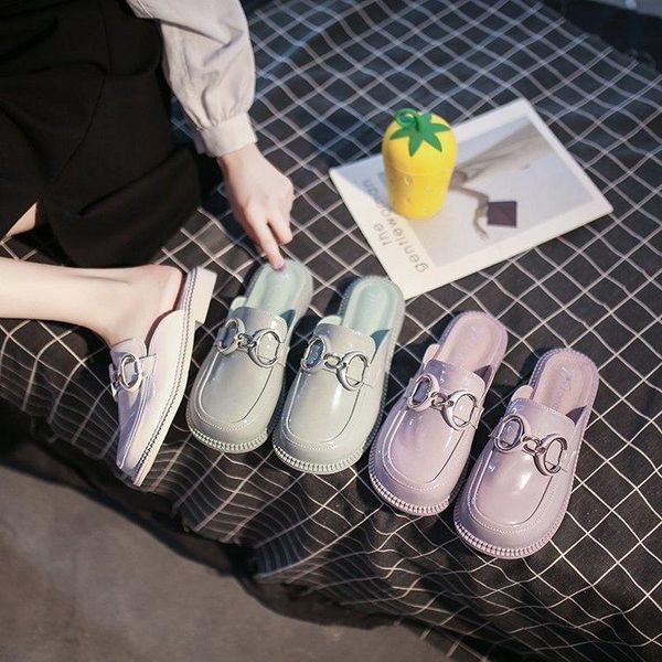 

slippers women summer female shoes mules low slides loafers fashion cover toe 2021 flat luxury rubber pu buckle strap, Black