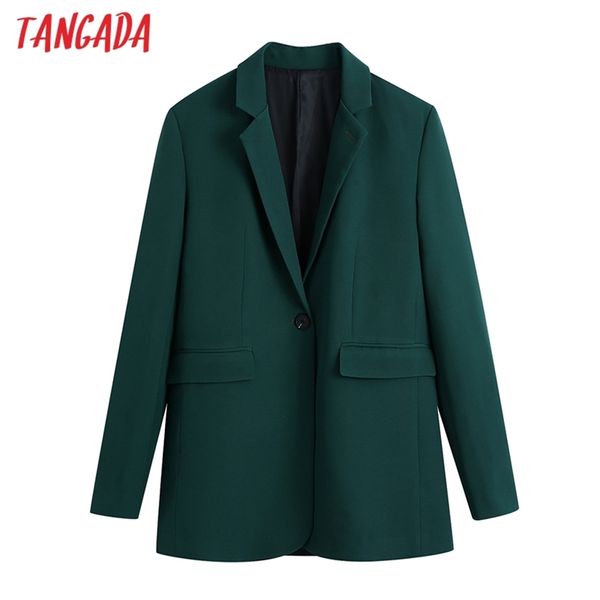 Tangada Frauen Büro Tragen Single Button Grün Blazer Mantel Vintage Langarm Zurück Vents Weibliche Oberbekleidung Chic Veste BE413 211019