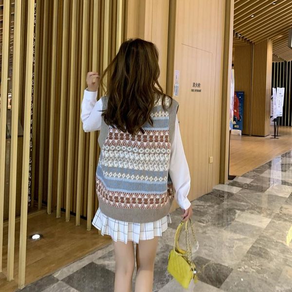 

women's vests autumn and winter clothing knitted vest round neck plaid, Black;white