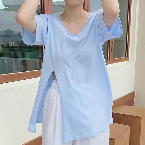 

women's t-shirt zcsmll blue female v-neck split design loose solid color short-sleeved women korea fashion 2021 spring summer, White
