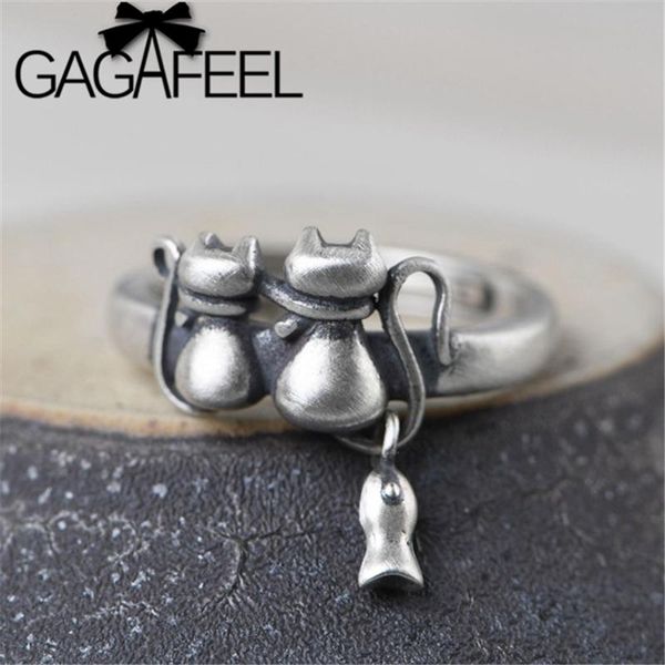

cluster rings gagafeel lovely cat open ring s925 sterling silver female engagement wedding gift jewelry adjustable two kitten earrings, Golden;silver